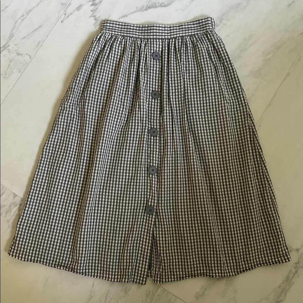OAK + FORT Black and White Gingham A-Line Button Front Skirt